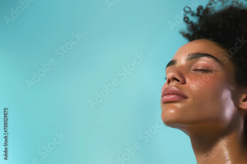 Close up of model's nose, natural skin texture, no makeup look, light blue background, beauty magazine cover, natural lighting, in the style of natural lighting