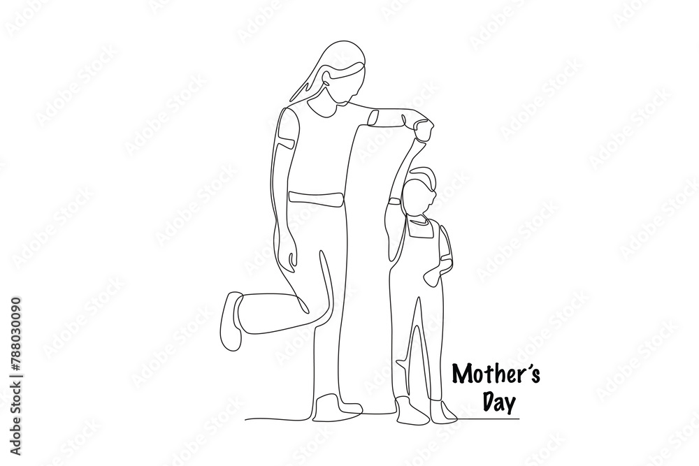 Mother and son holding hands. Mothers day concept one-line drawing