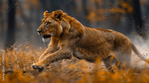 lion running in the wild