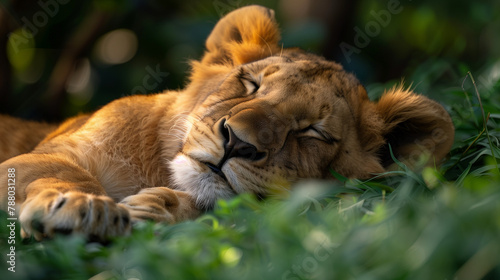 lion sleeping in wild
