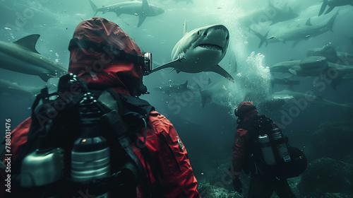 shark attacking scuba diver...