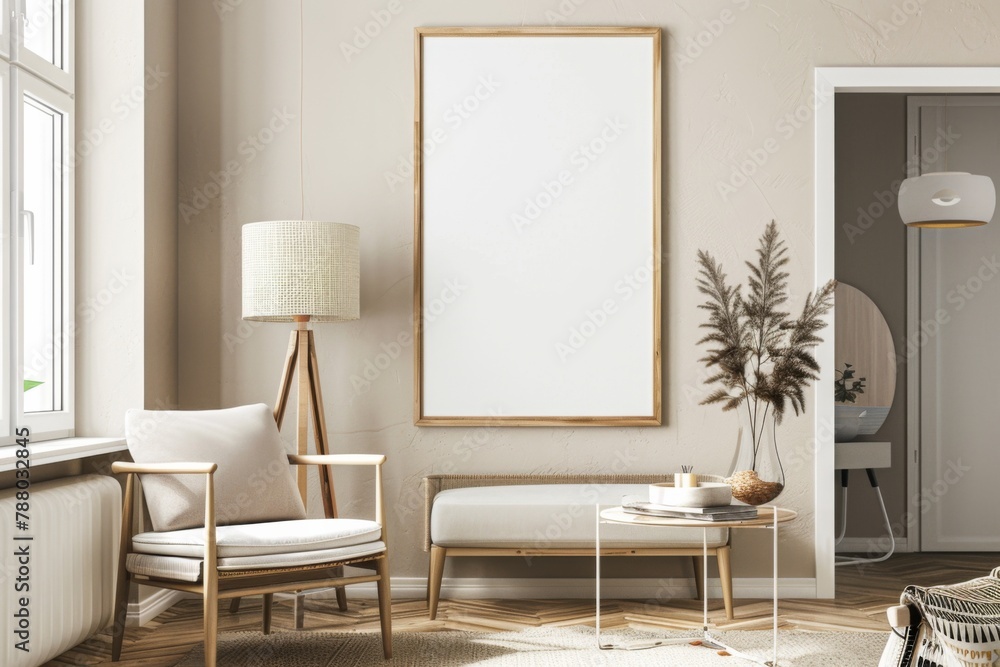 Beige Scandinavian Interior with Poster Mockup created with Generative AI Beige Scandinavian Interior with Poster Mockup created with Generative AI