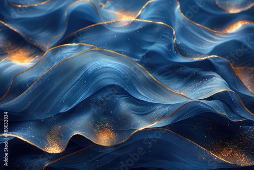 Abstract blue and gold wave background, with golden glittering lines on dark blue waves. Created with Ai photo