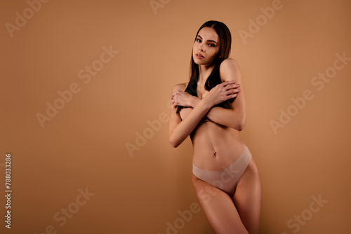 Photo of girl close her chest feel gentle wear underclothes isolated pastel color background
