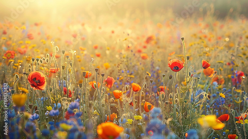 Field full of autumn flowers at sunlight