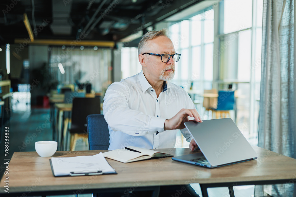 An adult bearded man is sitting at a laptop and working in the office. A gray-haired man runs an online business.