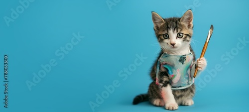 A cute pretty kitten with an art brush and an apron on a blue background with an empty copy space photo