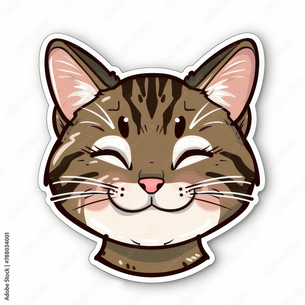 Sticker, vinyl and face of cartoon cat isolated on white background for animal expression. Creative, graphic and illustration for app, art or social media emoji of animal, feline or pet kitten