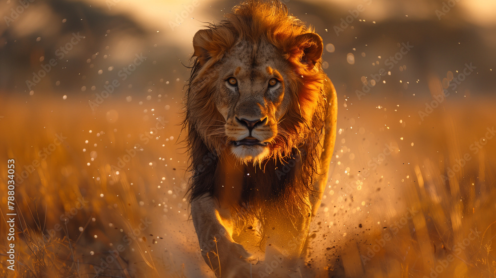 Naklejka premium lion running in the wild