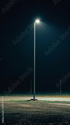A lone street light in the middle of a field at night, AI