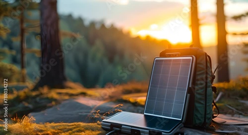Portable solar panels charging a rugged outdoor battery pack, wilderness blurred in the background photo