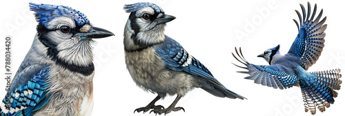 Blue jay bird bundle, portrait, standing and flying, realistic illustration style, isolated on a white background © Flowal93