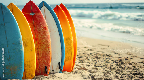 Colorful surfboards in a row on the sand of an island beach. Summer vacation and travel banner.