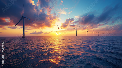 wind turbines and sea at sunset