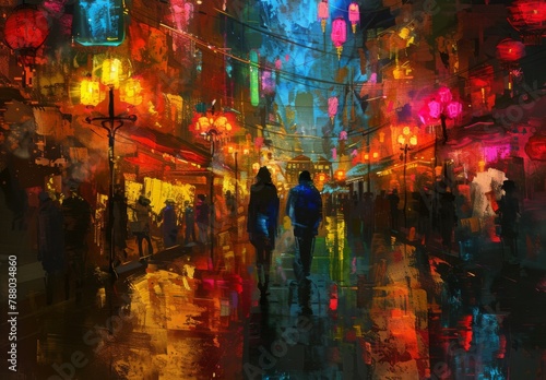 Abstract colorful painting of a night street with people, in the style of impressionism, with a dark and mysterious mood, high resolution photo