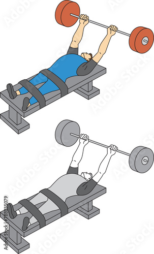 パラスポーツであるパワーリフティングをしている選手のイラストセット／Illustration set of athletes doing powerlifting, a parasport