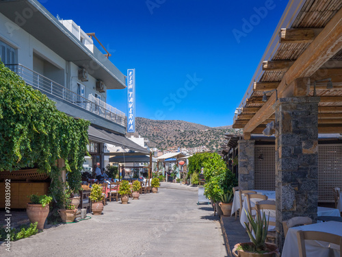 Restaurant area during quiet hours  Elounda  Crete  Greece 