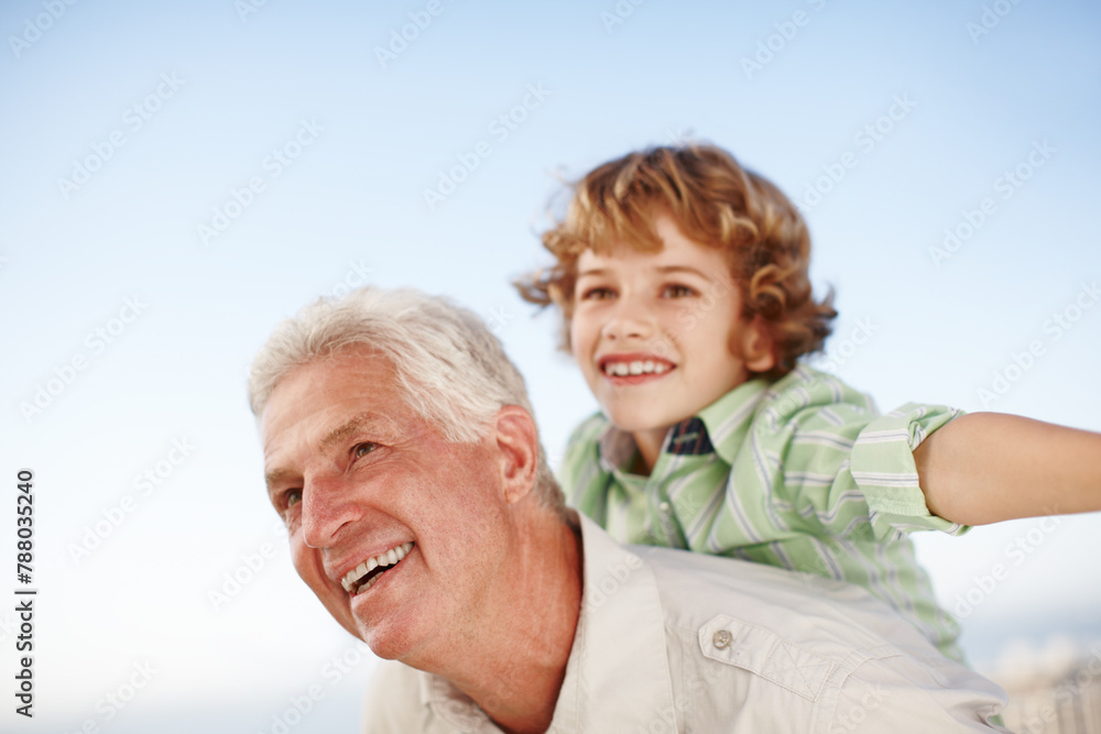 Happy, piggy back and child with grandfather in park for bonding, relationship and relax together outdoors. Family, nature and grandpa with excited young boy on summer holiday, vacation and weekend Happy, piggy back and child with grandfather in park for bonding, relationship and relax together outdoors. Family, nature and grandpa with excited young boy on summer holiday, vacation and weekend