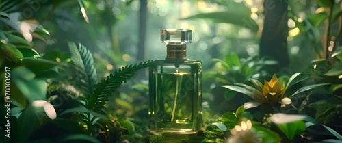 High-end perfume flacon, lush tropical forest aura, vivid greenery and exotic flowers, surreal