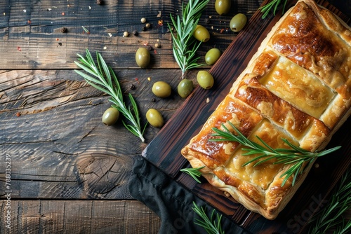French traditional pate en croute with rosemary olives on dark wooden cutting board photo