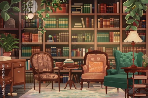 A retro-inspired public library illustration featuring vintage decor, nostalgic furnishings, and classic reading materials from bygone eras, Generative AI photo