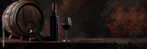 glasses and bottles on the table on a dark background. Space for text