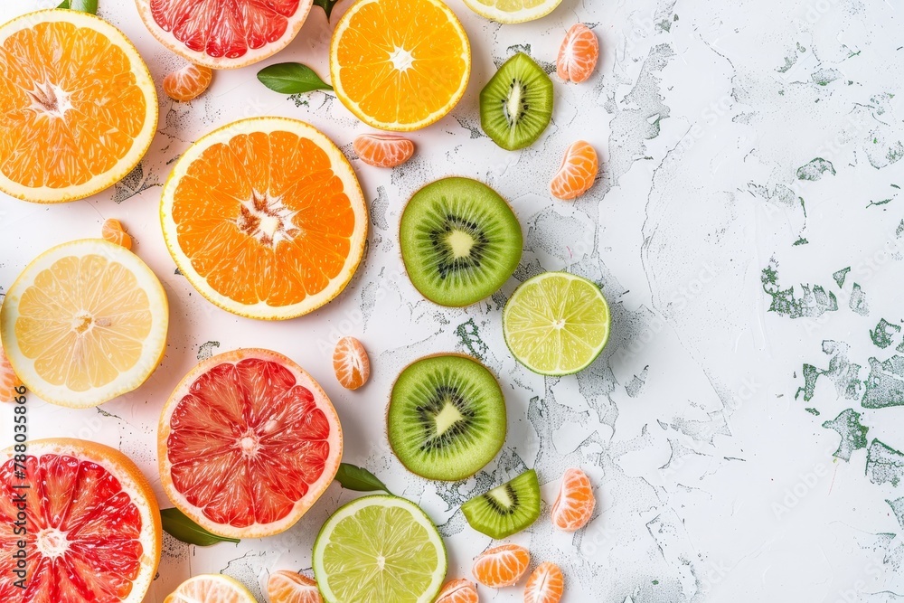 Fresh colorful fruits on white table Variety of fruits displayed Top view with space for text Fresh colorful fruits on white table Variety of fruits displayed Top view with space for text