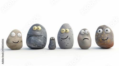 Cute crazy characters rocks isolated on white background, stones, happy faces, cartoon, style 3D photo