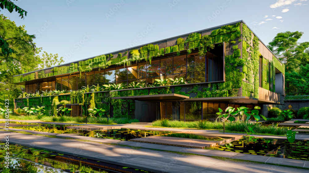Green modern building with plants growing on the facade. Ecology and green living in city, urban environment concept.