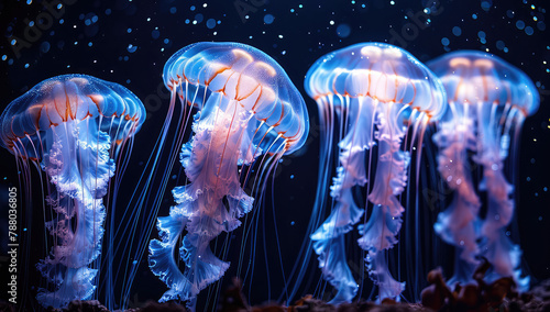  A group of bioluminescent jellyfish in the dark ocean, glowing light pink and blue in the style of National Geographic photography. Created with Ai