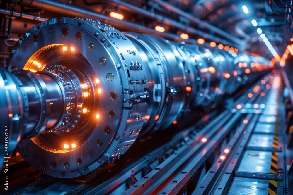 This vibrant image captures a high-tech industrial turbo machine in a dynamic, illuminated facility This vibrant image captures a high-tech industrial turbo machine in a dynamic, illuminated facility