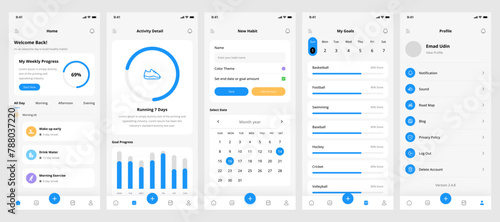 Profile Screen, Motivation Progress and Tracking, Activity Achievement Monitoring, Goals Tracker App UI Kit Template