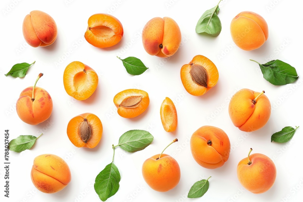 Fresh whole and sliced apricots isolated on white background top view Fresh whole and sliced apricots isolated on white background top view