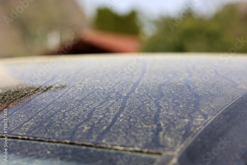 Saharastaub der sich in Süddeutschland nach Blutregen als dicke Schmutzschicht auf einem Auto niedergelassen hat und Pollen, Blütenstaub und nun eine Autowäsche von dem Autolack erforderlich macht.