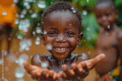 A child's face beams with joy as they catch water droplets in their hands, embodying the beauty and happiness of youth