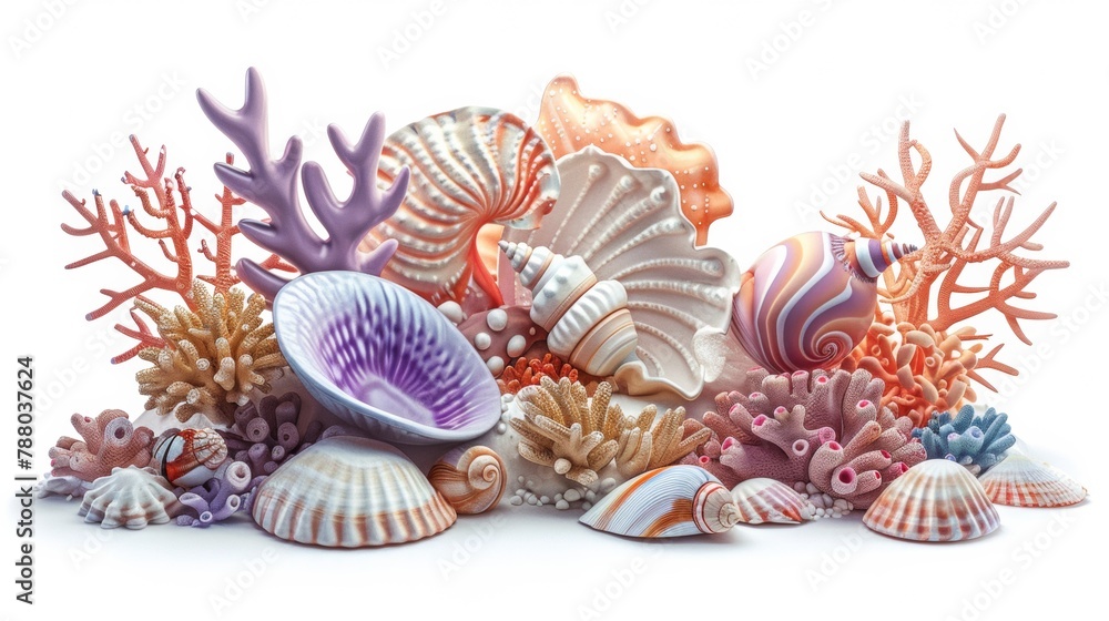 Obraz premium Colorful shells isolated on white background, underwater background, style 3D