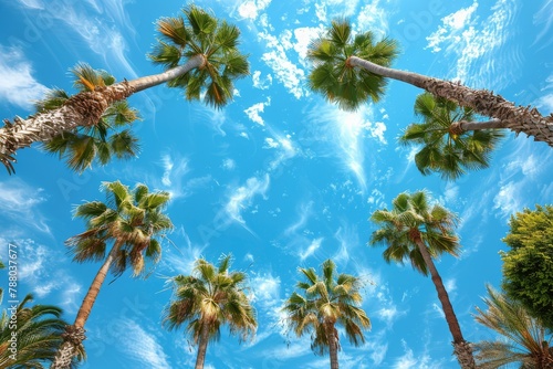 A cluster of palm trees with a strikingly blue sky and patterned clouds, highlighting a sunny day