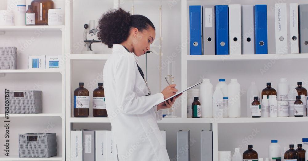 Woman, scientist and clipboard for inventory in lab stock room for equipment check and analyse products. Female pharmacist, checklist and bottles chemical supply in laboratory for research and work. - obrazy, fototapety, plakaty 