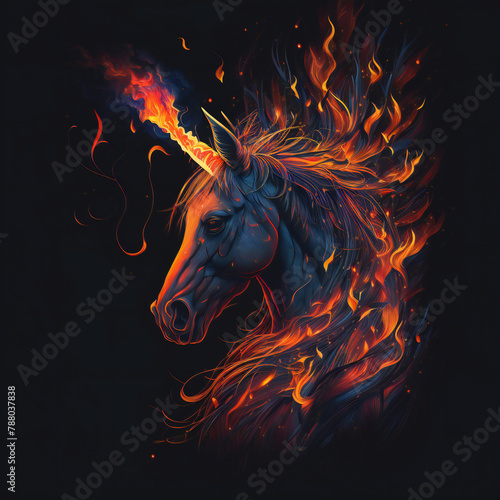 Flaming Unicorn on black background