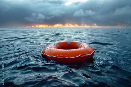 An orange lifebuoy adrift in a dark, moody sea as the sun sets in the background, evoking a sense of isolation