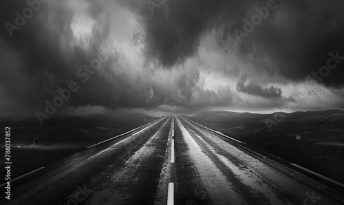 An empty road in the middle of the field in the style of boldly black and white, An empty highway with a dark sky in the background