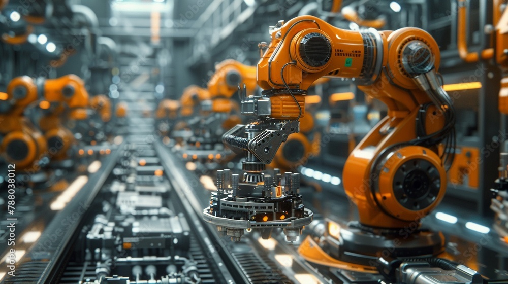 A futuristic factory buzzing with robotic activity, filled with intricate machinery and advanced technology ,close-up,ultra HD,digital photography