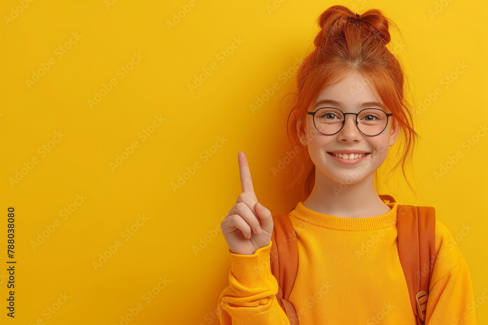 Portrait of little girl with ginger hair with thumbs up finger. Laughter and joy, smile and calmness. School girl on yellow background. Baner, logo, poster. Back to school