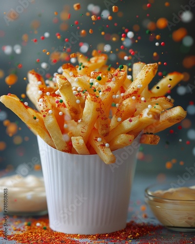 A modern take on classic french fries, with a colorful sprinkle of seasoning and a side of creamy dipping sauce , 3DCG,high resulution,clean sharp focus photo