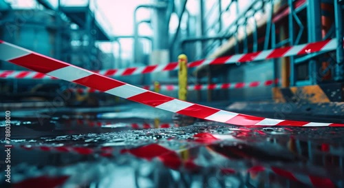 Safety barrier tape cordoning off a hazard area, factory scene softly out of focus photo