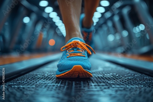 A detailed image showcasing a pair of blue sneakers on the textured belt of a gym treadmill photo