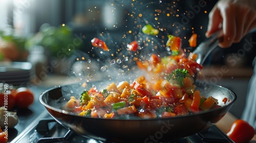 Palms deftly flipping a sizzling pan of vegetables , 3DCG,high resulution,clean sharp focus