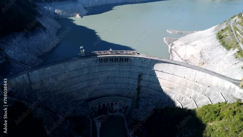 Drone view of the Enguri Dam, a towering arch structure on the Inguri