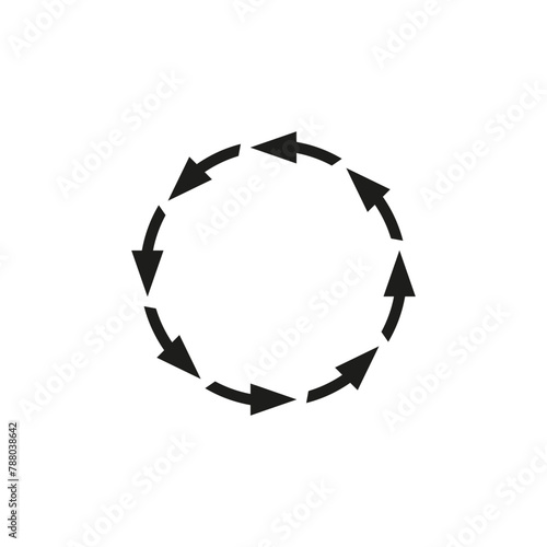 A lot of arrows spinning in circles. Following each other. The arrows rotate and move around the perimeter of the circle. Vector illustration.

