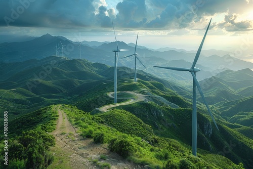 Pristine landscape with wind turbines generating clean energy, signifying sustainable development